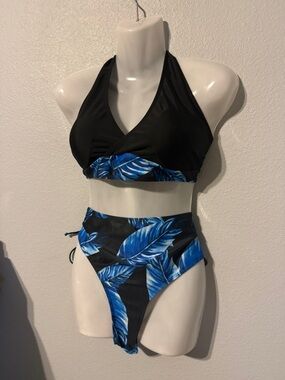 Black Halter Bikini with Blue Tropical Leaf Print